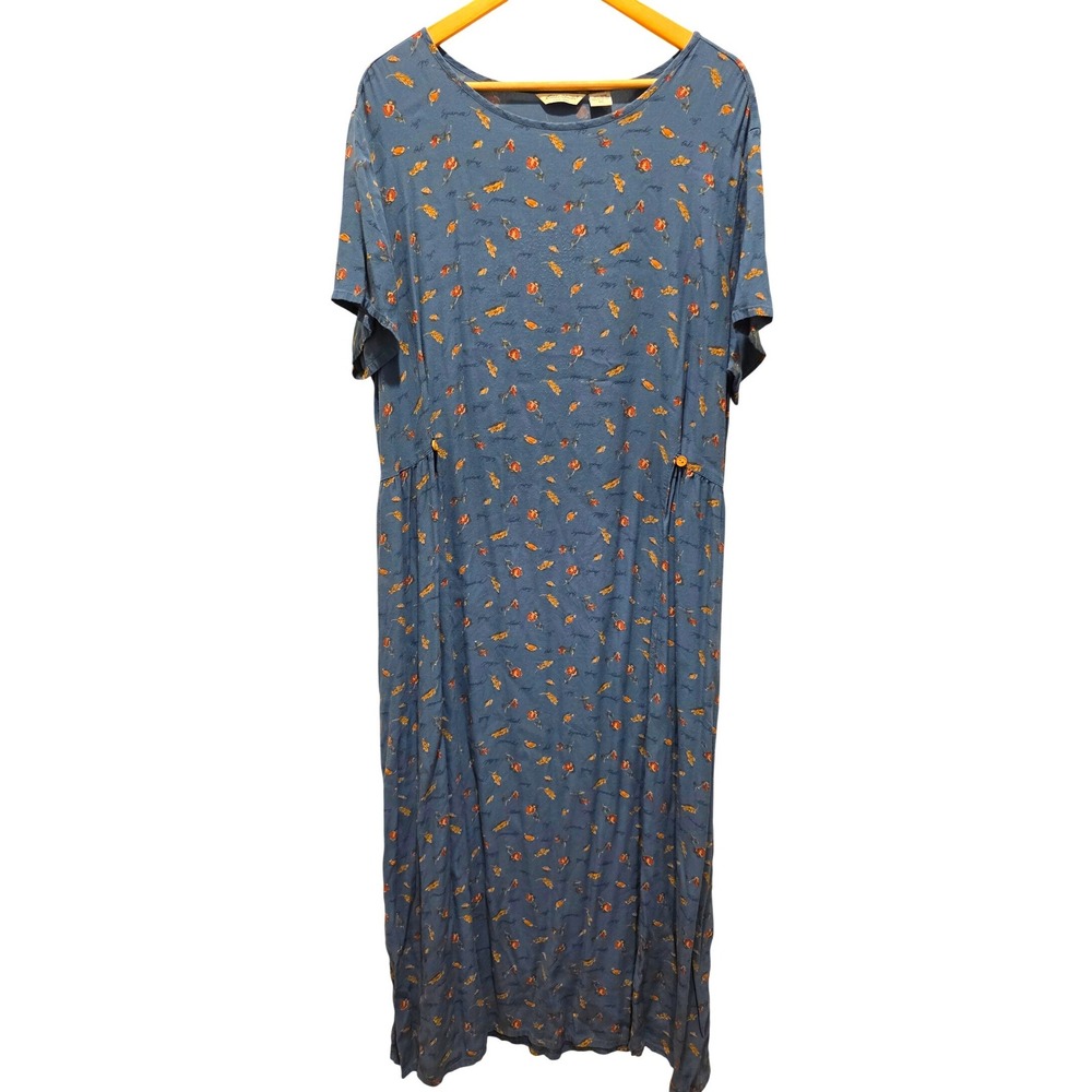 Eddie Bauer Vintage Blue Rayon Leaf Print Maxi Dress XXL Short Sleeve Cottage